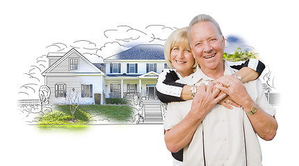 Image showing Happy Senior Couple Over House Drawing and Photo on White