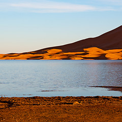 Image showing sunshine in the lake yellow  desert of morocco sand and     dune