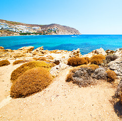 Image showing in greece the mykonos island rock sea and beach blue   sky