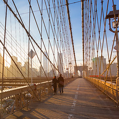 Image showing Brooklyn bridge at sunset, New York City.