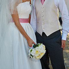 Image showing Elegant bride and groom posing together 