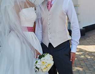 Image showing Elegant bride and groom posing together 