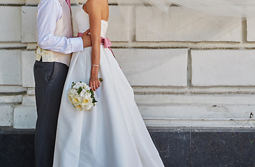 Image showing Elegant bride and groom posing together 