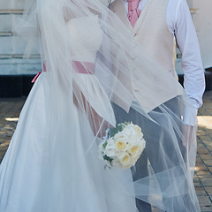 Image showing Elegant bride and groom posing together 