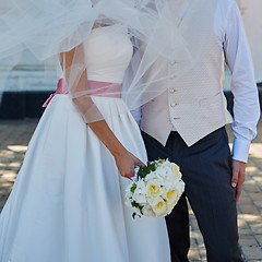 Image showing Elegant bride and groom posing together 