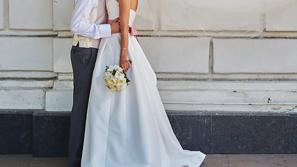 Image showing Elegant bride and groom posing together 