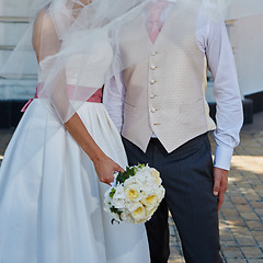 Image showing Elegant bride and groom posing together 