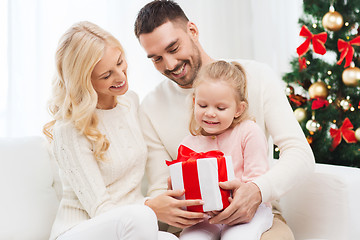 Image showing happy family at home with christmas gift box