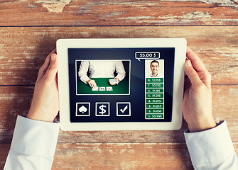 Image showing close up of female hands with tablet pc on table