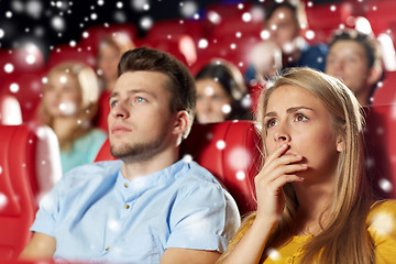 Image showing friends or couple watching horror movie in theater