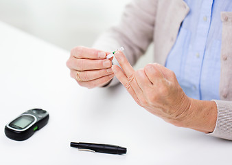 Image showing senior woman with glucometer checking blood sugar