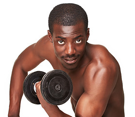 Image showing Strong and muscular guy with dumbbell isolated on white background