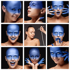 Image showing visagist making makeup l with aerograph or airbrush.  collage