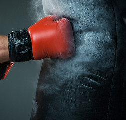 Image showing Hand  of boxer and punching bag over black background