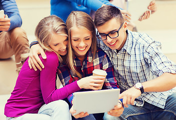 Image showing group of students with tablet pc and coffee cup