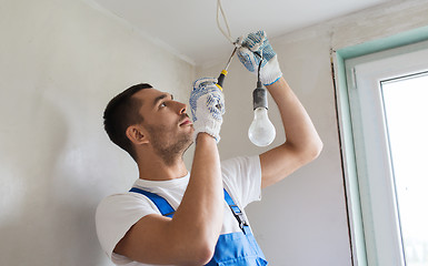 Image showing builder with tablet pc and equipment indoors