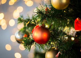 Image showing close up of christmas tree decorated with balls