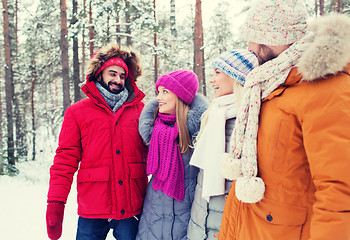 Image showing group of smiling men and women in winter forest