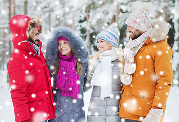 Image showing group of smiling men and women in winter forest