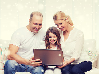 Image showing smiling family with laptop at home