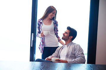 Image showing relaxet young couple drink first morning coffee