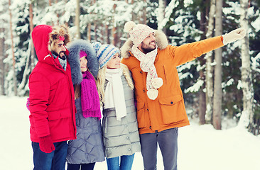 Image showing group of smiling men and women in winter forest