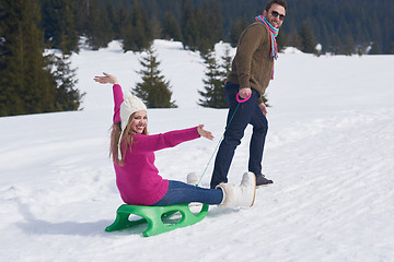 Image showing happy young couple having fun on fresh show on winter vacation