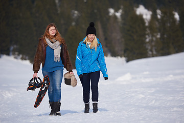 Image showing female friends in beautiful winter day have relaxed walk on snow