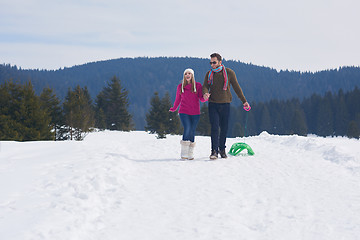 Image showing happy young couple having fun on fresh show on winter vacation