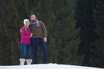 Image showing couple having fun and walking in snow shoes