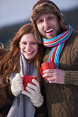 Image showing couple drink warm tea at winter