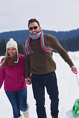 Image showing happy young couple having fun on fresh show on winter vacation