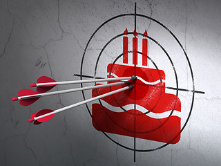 Image showing Entertainment, concept: arrows in Cake target on wall background