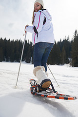 Image showing couple having fun and walking in snow shoes