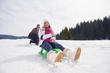 Image showing happy young couple having fun on fresh show on winter vacation