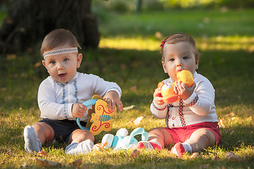 Image showing Babys, less than a year old, playing with  toys 