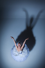 Image showing Portrait of the ballerina in ballet tatu on blue background