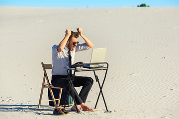 Image showing Businessman using  laptop in a desert