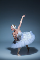 Image showing Portrait of the ballerina in ballet tatu on blue background