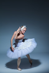 Image showing Portrait of the ballerina in ballet tatu on blue background