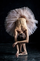 Image showing Beautiful ballerina  posing leaning on dack background