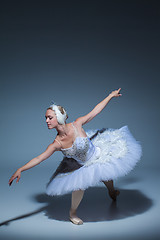 Image showing Portrait of the ballerina in ballet tatu on blue background