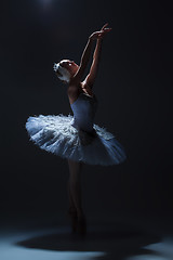 Image showing Portrait of the ballerina in ballet tatu on dack background