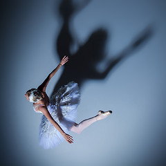 Image showing Portrait of the ballerina in ballet tatu on blue background