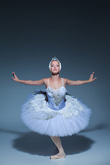 Image showing Portrait of the ballerina in ballet tatu on blue background