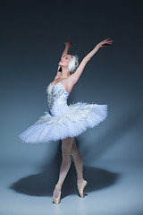 Image showing Portrait of the ballerina in ballet tatu on blue background