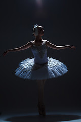 Image showing Portrait of the ballerina in ballet tatu on dack background