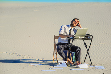 Image showing Businessman using  laptop in a desert