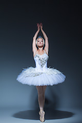 Image showing Portrait of the ballerina in ballet tatu on blue background