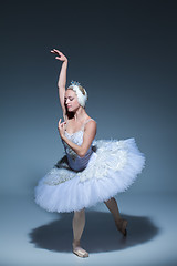 Image showing Portrait of the ballerina in ballet tatu on blue background